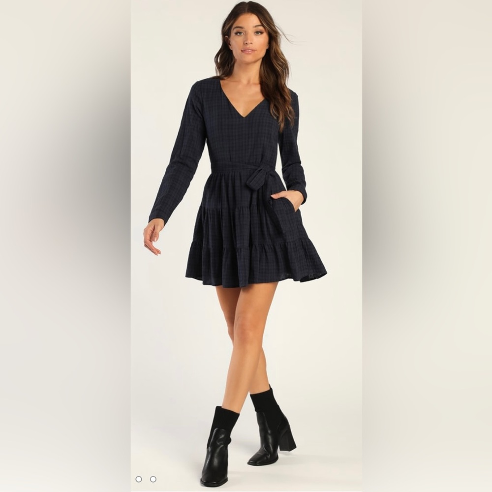 Lulus Autumn Adoration Navy Blue Plaid Long Sleeve Dress with Pockets